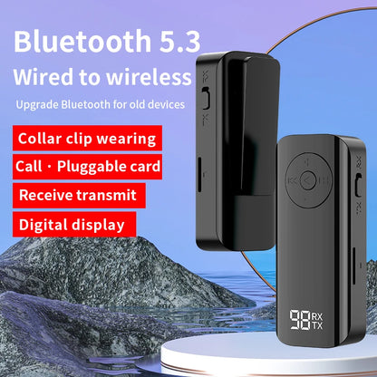 Wireless Bluetooth 5.3 Adapter: Collar-Clip Audio Transmitter/Receiver for Airplane, Car and Home Entertainment